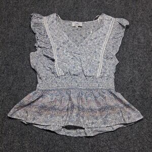 Twine & String Women's Blue and White Floral Ruffle Sleeve Top‎ Size Small